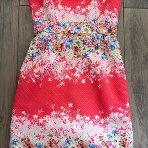 Tahari Coral and Multicolor Floral Midi Dress